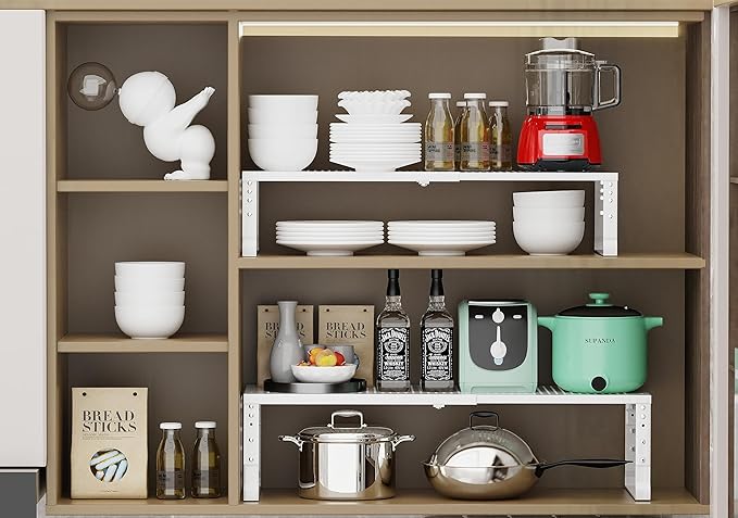 Jojocross Expandable Adjustable Stackable Kitchen Organizer, Spice Rack,Metal Pantry Storage Shelves Racks,Counter Shelf for Cabinets, Countertop, Cupboard (2 Packs/Medium/White)