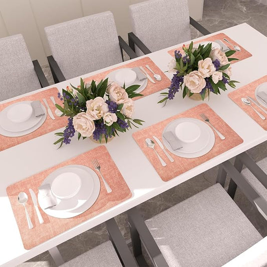 Maxpearl Faux Leather Placemats Set of 6 - Waterproof - Wipe Clean - Heat Resistant - Anti Slip Dining Table Place Mats, Suitable for Indoor & Outdoor Use, 17’’×12’’, Pink