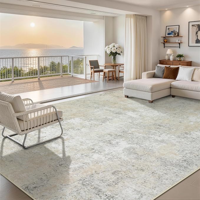 10x14 Area Rugs for Living Room Rug Washable: Abstract Large Rug Indoor Modern Carpet Non Slip for Dining Room Bedroom Nursery Home Office Beige Grey