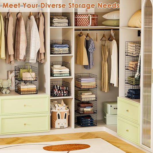 5-Tier Stackable Closet Storage Baskets, Closet Organizers and Storage Shelves, Foldable & Stackable Clothes Storage Bins for Closet System, Closet Shelf Organizer for Home,Black(Patent No. 30022416)