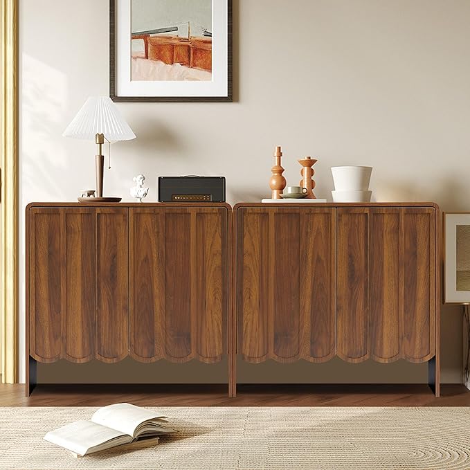 ORRD Sideboard Buffet Cabinet Set of 2, Accent Storage Cabinets with 2 Doors, Farmhouse Wood Cabinet with Adjustable Shelves and Wave Panel for Living Room, Dining Room, Entry - Walnut | 2 Doors, Adjustable Shelves, Wave Panel