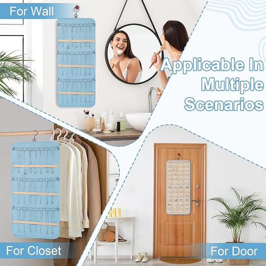 Dynoro Double-Sided Hanging Jewelry Organizer, Large Teal Storage Roll for Earrings, Necklaces, Rings, 48 Pockets 21 Hooks, Durable Oxford Fabric for Closet, Wall, Door, 1 piece, Jewelry Not Included