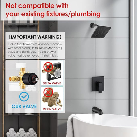 Esnbia Tub Shower Faucet Set (Valve Included) with 6-Inch Rain Shower Head and Tub Spout, Black Shower Head and Handle Set,Single-Handle Tub and Shower Trim Kit, Matte Black