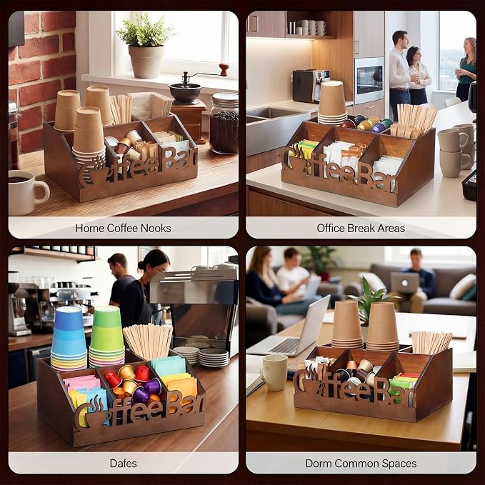 Coffee Station Organizer for Counter Wood Countertop Accessories Organizer Coffee Pods Holder Storage Basket for Pods Condiment Syrup Tea Cups Stirrers for Rustic Bar Decoration(Brown)