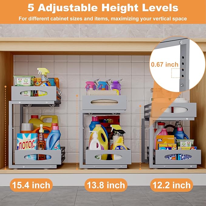 Under Sink Organizer, 2 Tier Under Sink Organizers and Storage, Adjustable Height, Slide out Metal Cabinet Organizers, Pull out Cabinet Storage Drawer Shelf for Kitchen Bathroom Gray 1Pack