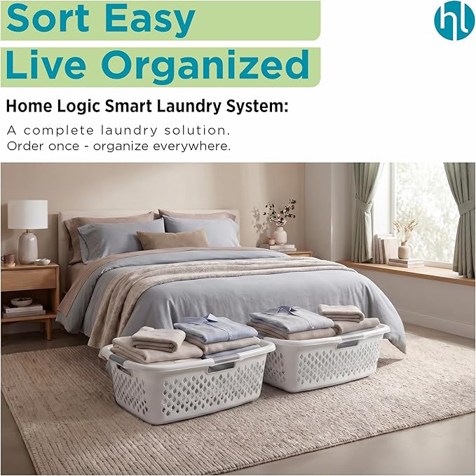 Home Logic 1.5 Bushel Plastic Laundry Basket Front Load, Large Laundry Hamper with Handles, Ventilated Clothes Organizer for Bedroom Bathroom Closet, 4 Pack, White