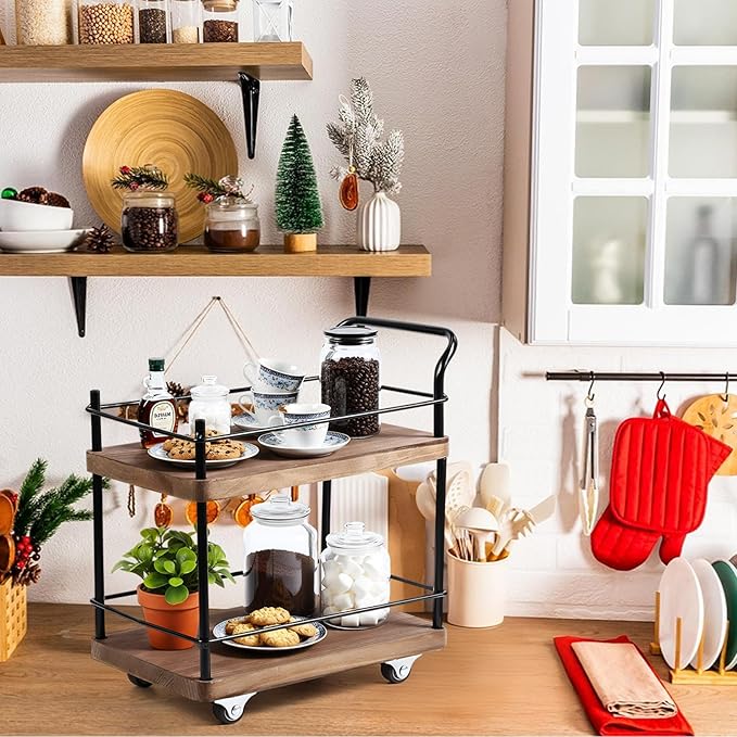 Thyle Mini Wood Coffee Bar Cart with Rotating Wheels 2 Tier 11 x 11 Inch Vintage Kitchen Serving Carts Bar Cart Serving Display Stand for Kitchen Dining and Living Room