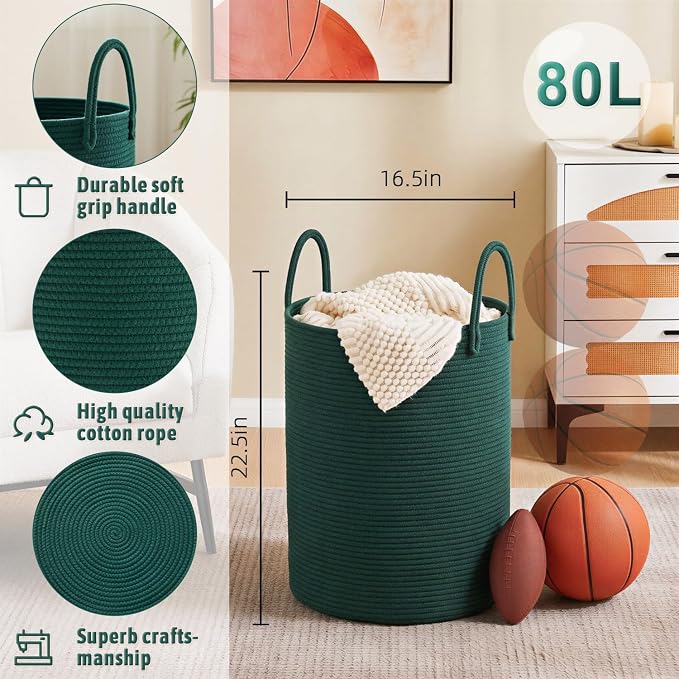 Artfeel Laundry Basket,Woven Cotton Rope Laundry Hamper,80L for Decorative Storage of Dirty Clothes,Toys and Blankets in Bathroom,Baby Room and Living Room