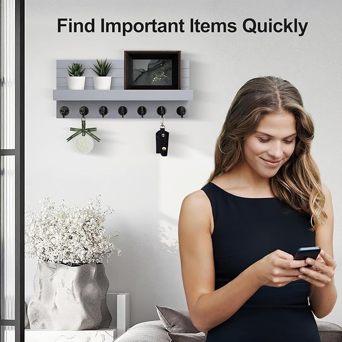 Key Holder Wall Mount, Entryway Key and Mail Holder with 7 Sturdy Hooks for Sunglasses, Dog Leash, Decorative Wall Shelf with Mounting Hardware, 15”W x 6.7”H x 4.2”D (Gray)