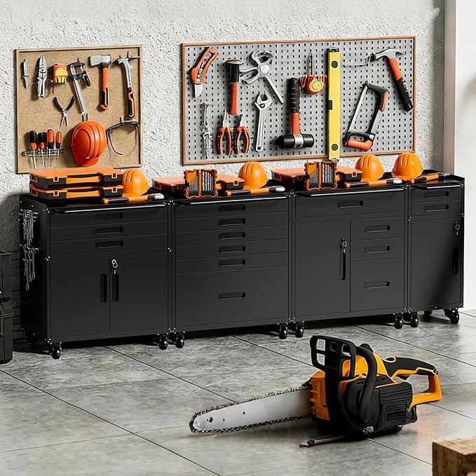 Metal Garage Storage Cabinet with Wheels, Rolling Tool Cabinet with 3 Drawers and 2 Doors, Heavy Duty Tool Cabinet with Workbench, Assembly Required, Black