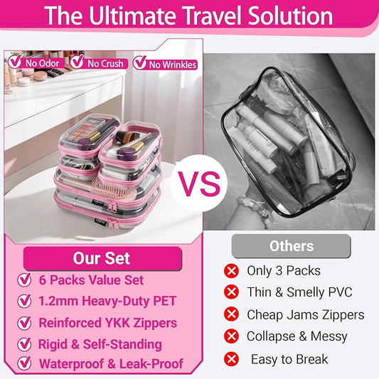 6 Pack Pink Clear Hard Shell Beauty Organizer (2M+4S), 1.2mm Heavy Duty Crush-Proof Cosmetic Case, Reinforced YKK Zippers, Stadium Approved Security Bag for Skincare & Electronics, Multi-Size Set
