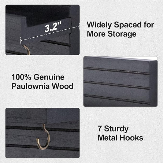 Decorative Key Holder for Wall with Shelf, Entryway Shelf with Hooks Holds Leashes, Jackets and Glasses – Sturdy Wood Keyholder Entrance Hanger with Mounting Hardware (Black, Large)
