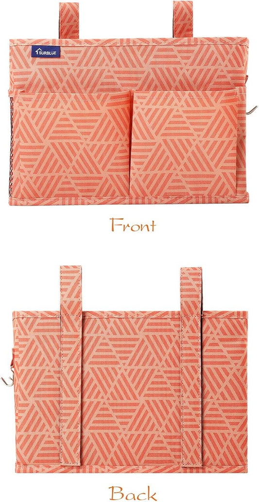 Surblue Bedside Caddy Hanging Bed Organizer Storage Bag Pocket for Bunk and Hospital Beds, College Dorm Rooms Baby Bed Rails,Camp Chiars,Wheelchair Side Bag,4 Pockets and 2 Hooks (Orange Plaid)