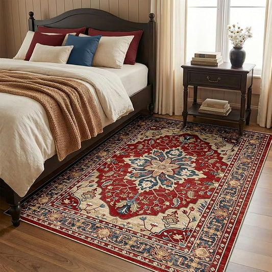 RELEANY Area Rugs 4'x6' Washable Non-Slip, Floral Vintage Distress Medallion Carpet for Living Room Bedroom Dining Room, Red Blue