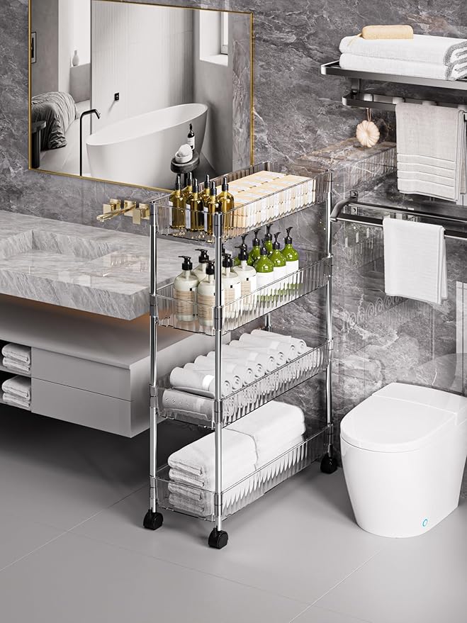 Sooyee Clear 4 Tier Slim Storage Cart,Rolling Storage Cart,Narrow Shelf,Bathroom Rack,Mobile Shelving Unit Organizer for Kitchen, Bathroom, Laundry Room