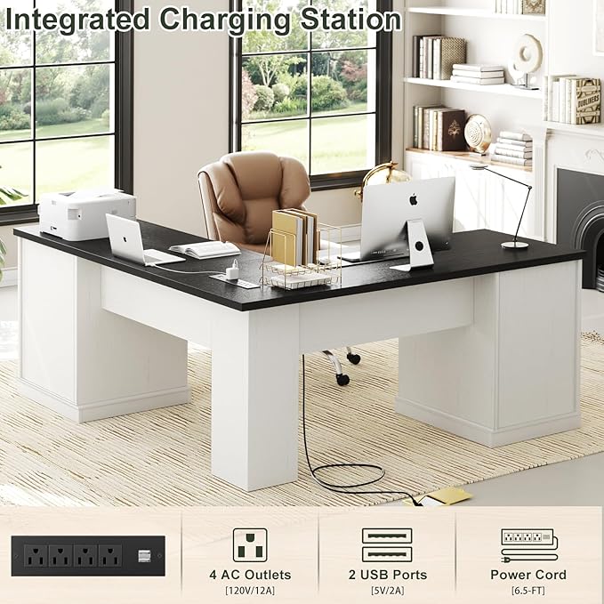 Unikito Farmhouse L Shaped Executive Desk with File Drawers, 60" Corner Computer Desk with Power Outlets, Large 2 Person Home Office Table with Storage Cabinet, Sturdy Writing Desks, White and Black