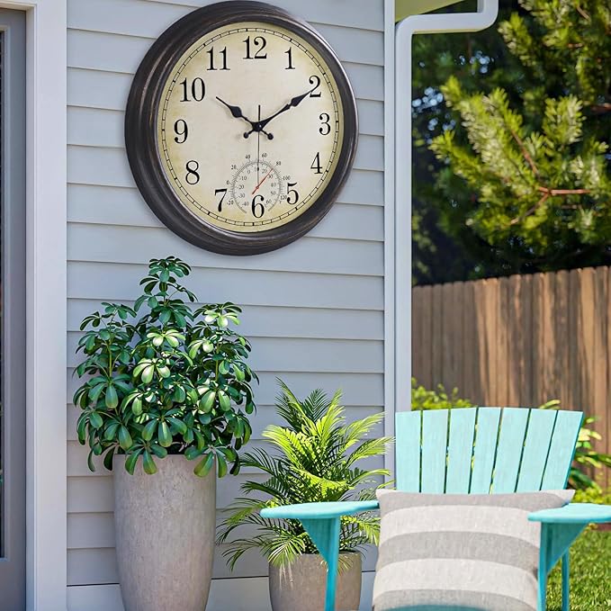 16 Inch Large Outdoor Clock, Waterproof Wall Clock with Thermometer, Battery Operated Silent Non-Ticking Vintage Wall Clock Quartz Round Clock Home Decor,Black Bronze