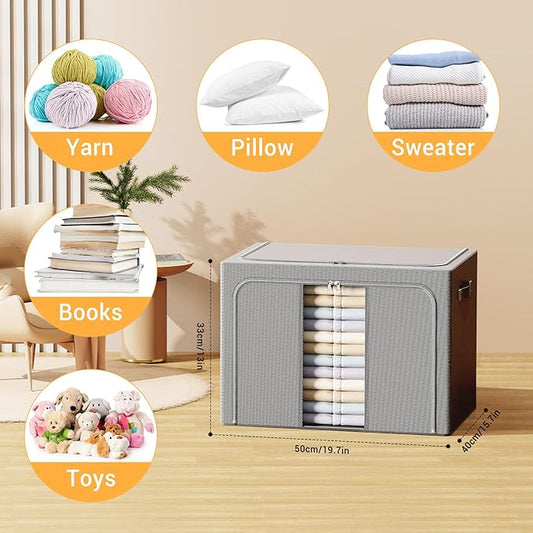 Clothes Storage Bins with Metal Frame, Foldable Clothes Organizers Storage Containers for Clothes, Sheets, Blankets, Pillows and Towels (66L, 3 Pack, Deep Grey