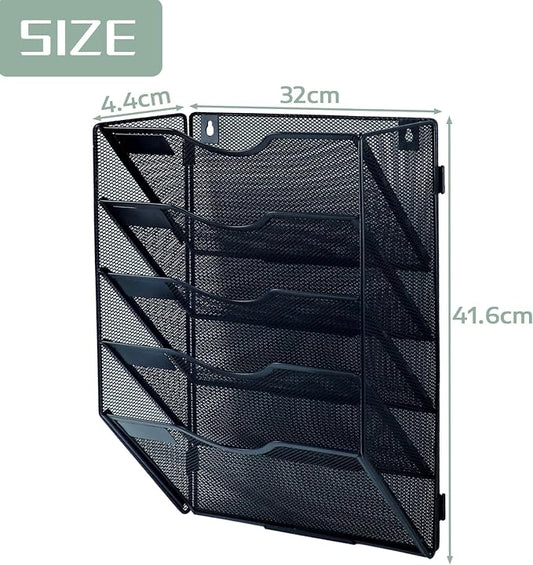 5 Tier Mesh Hanging File Organizer Vertical Wall File Organizer Wall File Holder for Office School Home, Black