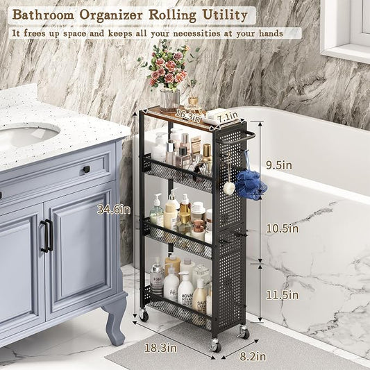 Utility Slim Storage Cart 4 Tier Small Rolling Kitchen Laundry Room Organization Cart with Wood Top Metal Narrow Laundry Room Shelves Cabinet Unit Laundry Organizer Trolley with Handle for Small space
