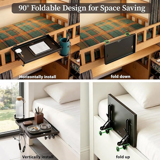 Foldable Bedside Shelf for Dorm Bunk Bed,Heavy Duty Metal Clip-On Bed Table Tray College Dorm Room Essentials,Bed Side Caddy Nightstand Alternative Organizer with Hooks&Removable Cup Holder Black