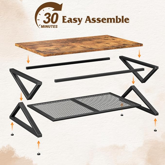 EnHomee Rustic Coffee Table with Storage, Farmhouse Coffee Table with Mesh Shelf, 2 Tier Rectangular Center Table for Living Room, Home Office, 47.2 Inch, Rustic Brown