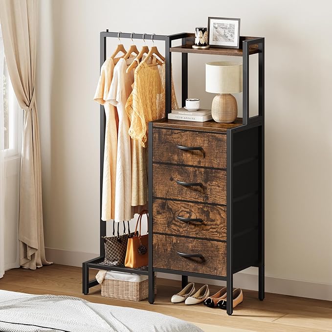 Yoobure Dresser with Hanging Rack - Small Closet with 4 Fabric Storage Drawers, 44"H Dresser with Clothes Rack, Chest of Drawer, Kids Dressers for Bedroom, Entryway, Living Room, Sturdy Frame, Rustic