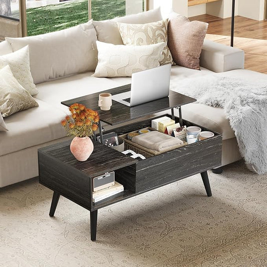 WLIVE Coffee Table for Living Room, Lift Top Coffee Table with Storage, Small Rising Wooden Dining Center Table with Storage Shelf & Hidden Compartment, 39" Black Oak