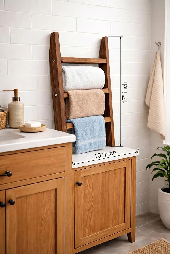 2 Pack Wooden Ladder Set, 1 pcs Blanket Ladder and 1 pcs Towel Ladder - Beech Wood 59'' inc 5 Tier and 5 Extra Hooks Blanket Ladder, Living Room and Bathroom Home Decor, Wall Decorative Shelves