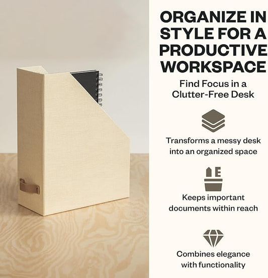 Bigso Estelle Magazine File - Magazine Holder and Organizer for Papers and Catalogs with Leather Handle - Magazine File Holder for Office Desks - 12.6 in x 4.5 in x 9.8 in - Cream