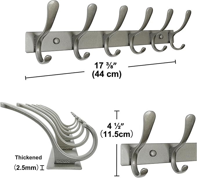 SKOLOO Coat Rack Wall Mounted - 6 Hooks, Heavy Duty, Stainless Steel, Metal Wall Hangers, Sturdy Coat Hooks for Hanging Coats, Jacket, Clothes, Hat, Matte Grey