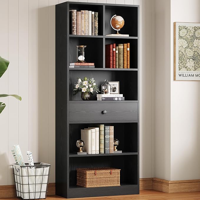 IRONCK Bookcase and Bookshelves, 70" Tall Bookshelf Floor Standing 6 Tiers Display Storage Shelves, Book Shelf with Drawers for Home Office, Living Room, Bedroom, Library, Black