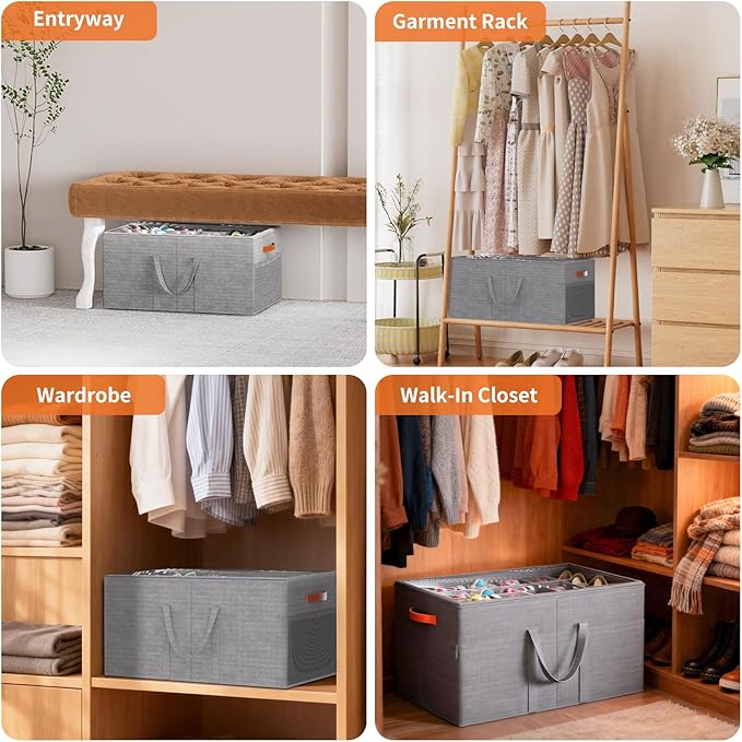 Aokeyee Shoe Organizer for Closet, 2 Pack Large Shoe Storage Box Fits up to 24-48 Pairs, Space Saving Foldable Shoes Organizer Bin w/Clear Cover and 4 Reinforced Handles, Grey
