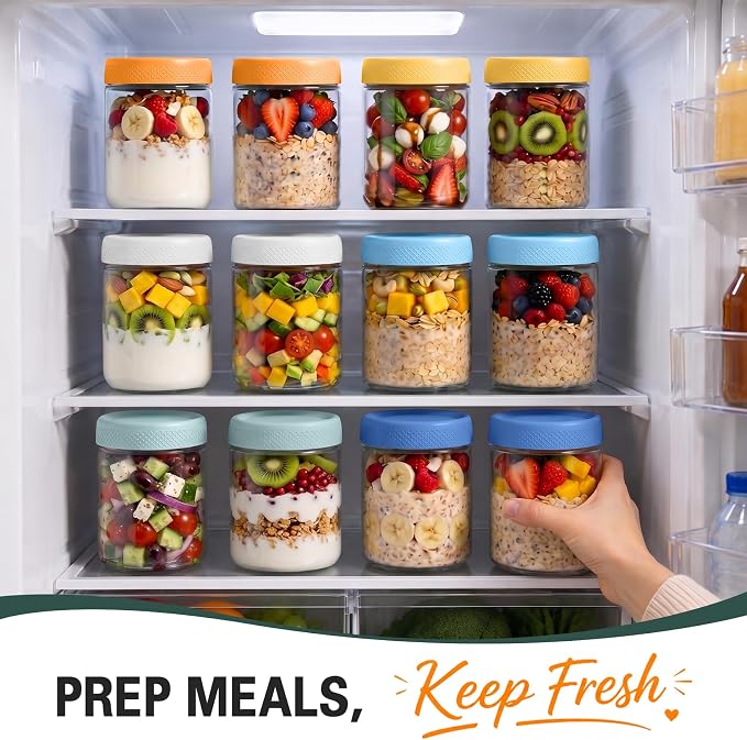 6 Pack Overnight Oats Containers with Lids, Mason Jars 16 oz with Lids, Reusable Glass Jars, Parfait Cups with Lid for Yogurt, Chia, Pudding, Snack, Food, Spice, Breakfast, Salad, Sugar