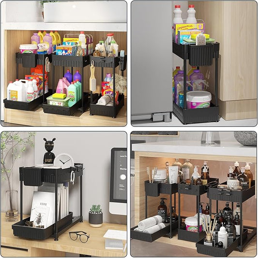 Sevenblue 3 Pack Under Sink Organizers,2-Tier Multi-Use Kitchen and Bathroom Organizers and Storage with Sliding Drawers,Bathroom Cabinet Organizer (Black, 14.8 Inch)