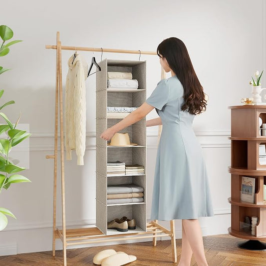 Hanging Closet Organizer 6-Tier, Oxford Wardrobe Storage, Beige Houndstooth | Easy-mount foldable design holds clothes, handbags, shoes & accessories; washable Oxford fabric, sturdy and space-saving.