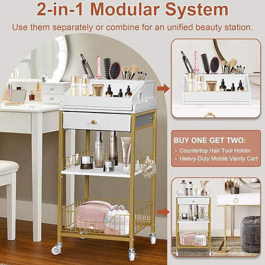 Makeup Organizer Cart with Drawer, 2-in-1 Rolling Organizer Cart with Hair Tool Holder, Vanity Storage for Skincare, Perfume, Nail Polish, Cosmetics, Gold Finish