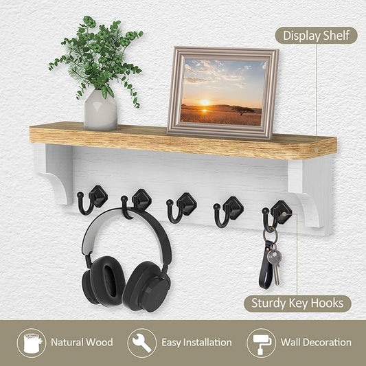 Nekon Key Holder for Wall, 11.8" W x 3.5" H x 2.8" D Decorative Key Organizer with Floating Shelf, Wall Mount Key Rack with 5 Hooks (Wood)