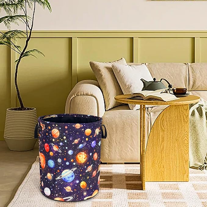 Planet Laundry Basket Funny Space Galaxy Foldable Waterproof Oxford Cloth Tote Bag Laundry Hamper Round Large Clothes Storage Bucket Toy Organizer For Bathroom/Laundry Storage/Bedroom 18.9x16.5 Inch