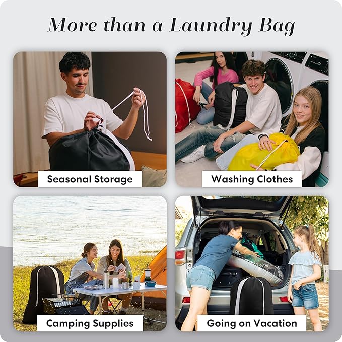Laundry Bag Shoulder Strap Extra Large - 2-Pack Drawstring Locking Closure, Durable Material, Heavy Duty Stitching, Hands Free Carrying - Perfect College Dorm (Black, 30" x 40")