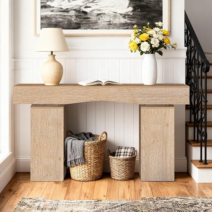 63 Inch Long Entryway Table Bold, Wooden Console Table with Socket Farmhouse Sofa Table for Entrance, Hallway, Living Room, Behind Couch(Oak Brown)