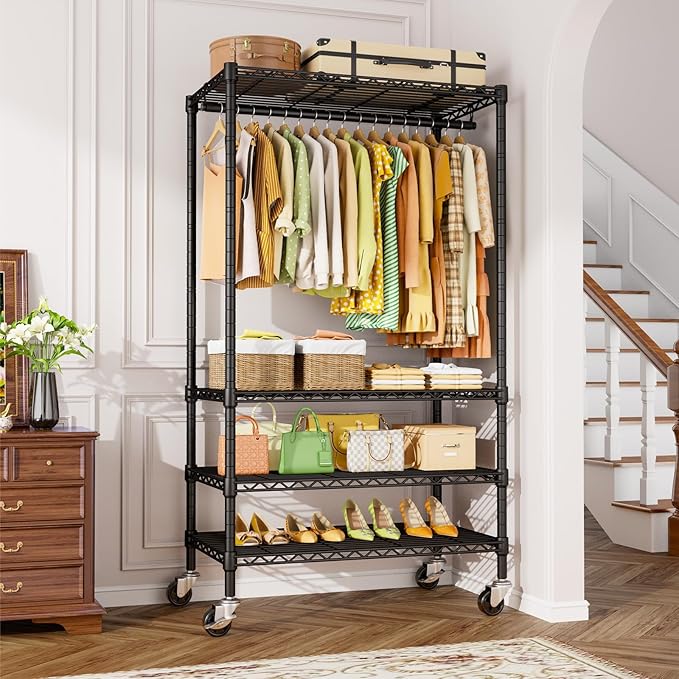 P9 Rolling Clothes Rack Heavy Duty, Clothing Racks for Hanging Clothes, 4 Tiers Garment Rack with Wheels, Metal Portable Closet Rack, 35.5" L X 15.8" W X 80.5" H, Max Load 445 LBS, Black