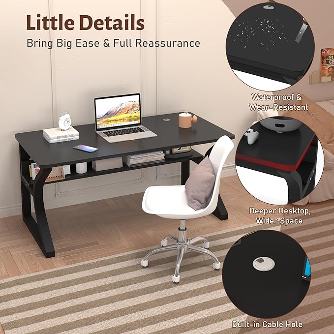 Computer Desk 47/55 Inch Home Office Desk with Storage Shelf & Cable Management, Wide Work Desk with Metal Legs for Home Office Study Bedroom (Black-47inch)