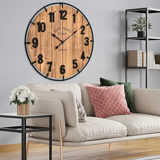 MICWIC 30 Inch Farmhouse Wall Clock Large Old Town Vintage Rustic Wooden Clock with Metal Rim and Large Numerals, Silent Battery-Operated for Office, Kitchen, Bedroom, and Living Room