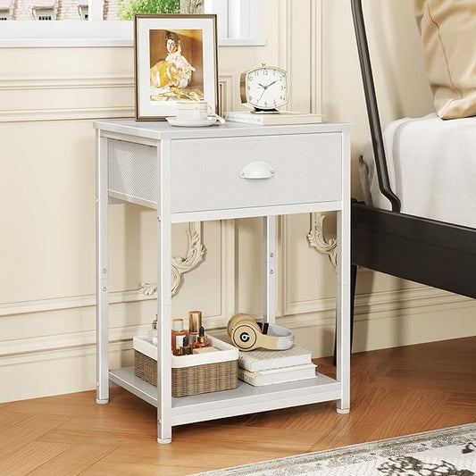 Furologee White Nightstands Set of 2, End Table with Fabric Drawer, Small Side Table for Small Spaces, 2 Tiers Storage Shelves End Table, Bedside Table for Living Room, Bedroom, Dorm