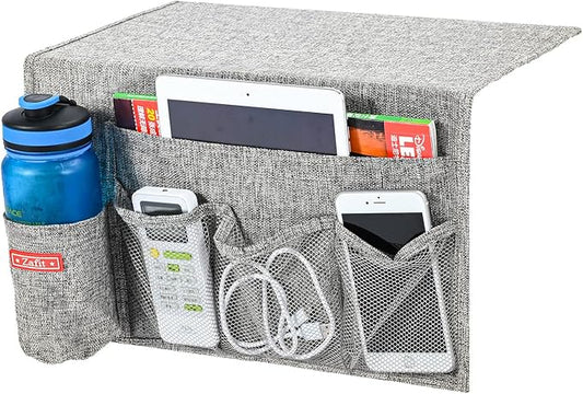 Zafit Linen 5 Pockets Bedside Caddy, Bedside Storage Organizer with Water Bottle Holder for Magazine, Remotes, Phone (Grey)
