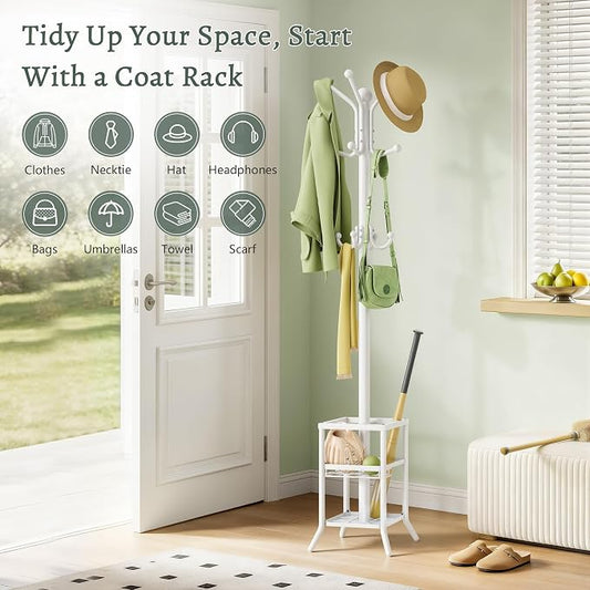 FAVOOSTY Coat Rack Freestanding,Coat Rack Stand with Umbrella Holder,Metal Coat Tree with 12 Hooks,Tree Clothes Hat for Entryway, Hallway, Bedroom, Living Room & Office -White