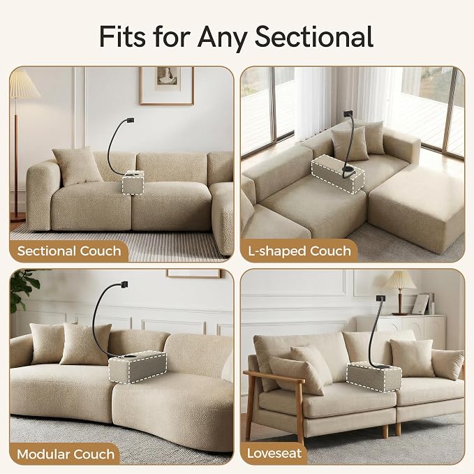 Multifunctional Couch Caddy Armrest with Couch Cup Holder Charging Console Phone Holder Storage 20.3'' Arm Rest Caddy Removable Chenille Sofa Armrest Organizer for Home Sofa Living Room, Camel