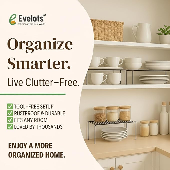 Evelots Kitchen Cabinet Wire Shelf Organizer/Rack - 4 Pack Sturdy Metal Shelf Risers - Double Your Counter Space - Great for Kitchen, Freezer, Pantry and Bathroom - Rustproof - Black