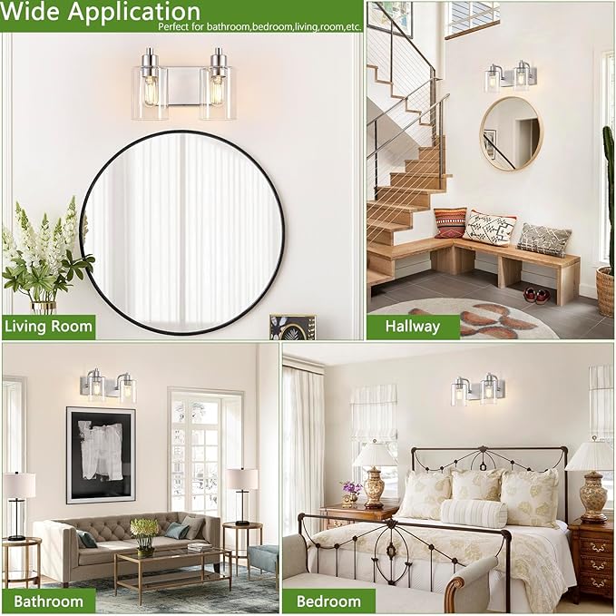 Brushed Nickel Bathroom Light Fixtures, Wall Mounted 2-Light Bathroom Lights Over Mirror with Clear Glass Shade,Wall Sconces for Kitchen Living Room Bedroom